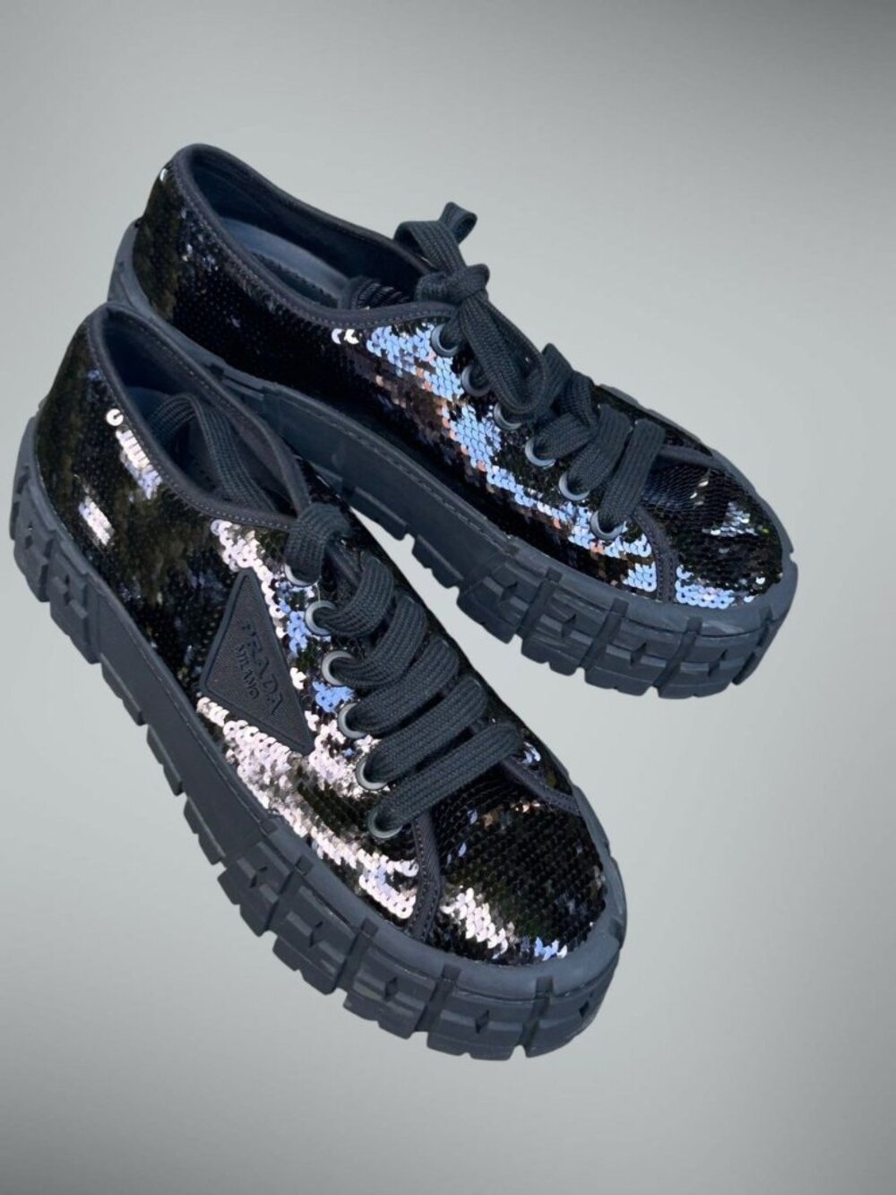 Prada Double Wheel Sequin Cassetta Platform Sneakers 787 Size 37.5 NEW Dustbag